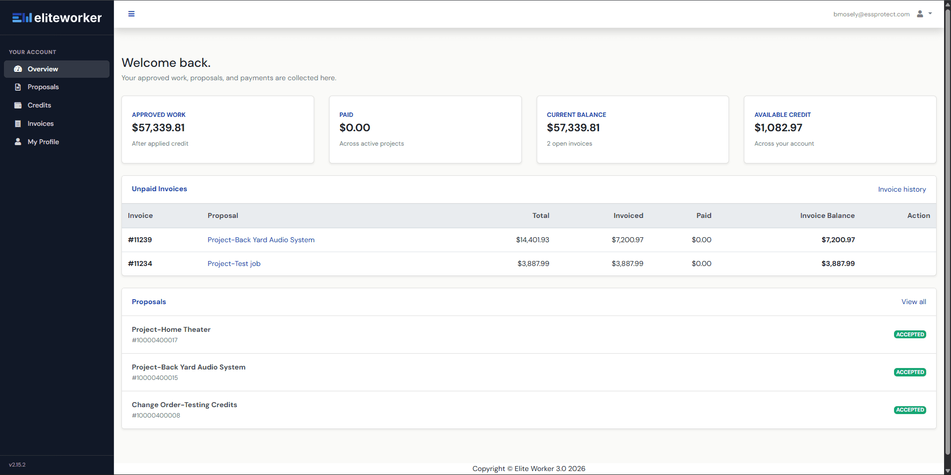 EliteWorker customer portal overview tab